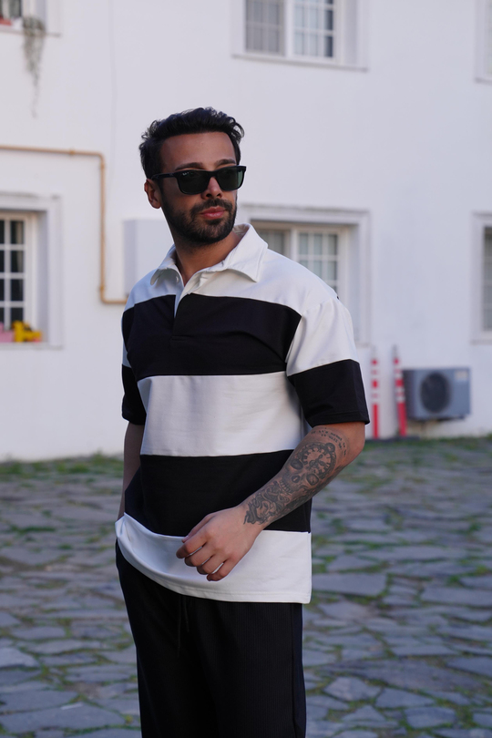 T-SHİRTSiyah Beyaz Parçalı Gizli Patlı Polo Yaka T-Shirt SNZ 3897-1