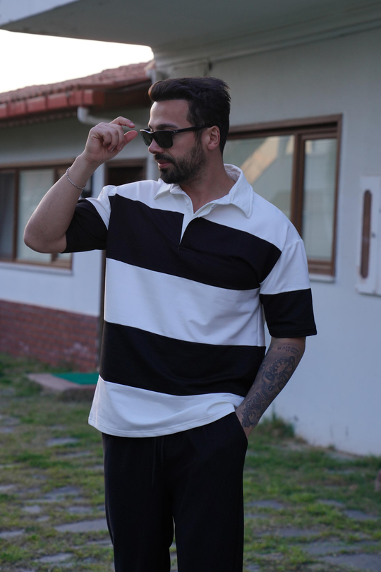 T-SHİRTSiyah Beyaz Parçalı Gizli Patlı Polo Yaka T-Shirt SNZ 3897-1