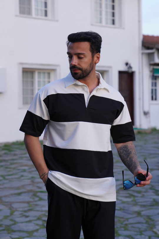 T-SHİRTSiyah Beyaz Parçalı Gizli Patlı Polo Yaka T-Shirt SNZ 3897-1