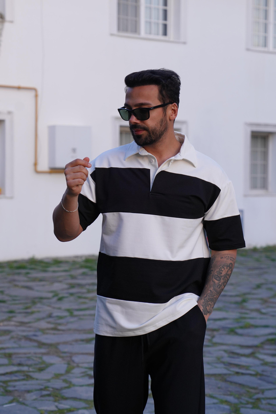 T-SHİRTSiyah Beyaz Parçalı Gizli Patlı Polo Yaka T-Shirt SNZ 3897-1