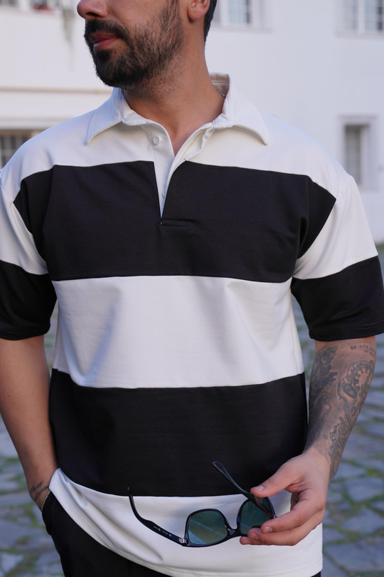 T-SHİRTSiyah Beyaz Parçalı Gizli Patlı Polo Yaka T-Shirt SNZ 3897-1