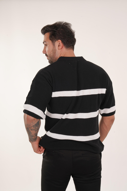 T-SHİRTSiyah Beyaz Selanik Çizgili Polo Yaka TK 1010