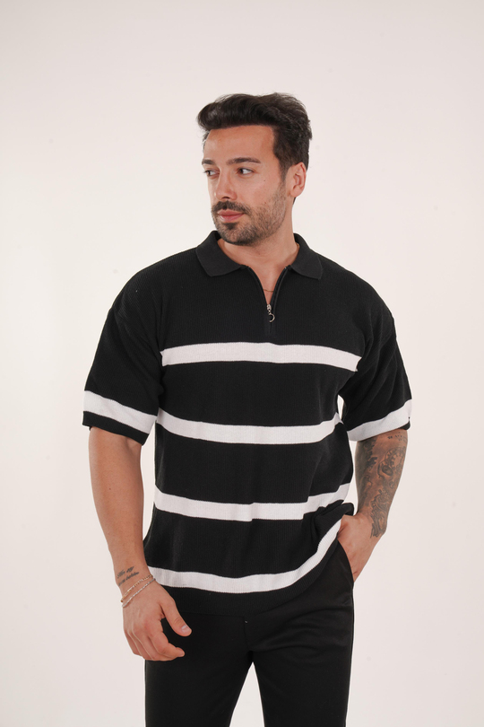 T-SHİRTSiyah Beyaz Selanik Çizgili Polo Yaka TK 1010