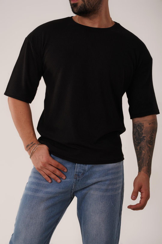 T-SHİRTSiyah Burgu Desen Oversize T-Shirt SC