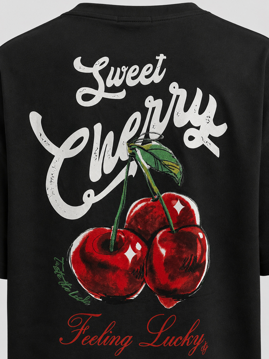 T-SHİRTSiyah Cherry Fırçalı Kumaş Pamuk Tişört JJ 26Y141