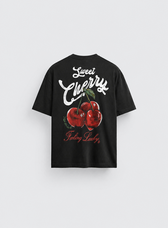 T-SHİRTSiyah Cherry Fırçalı Kumaş Pamuk Tişört JJ 26Y141