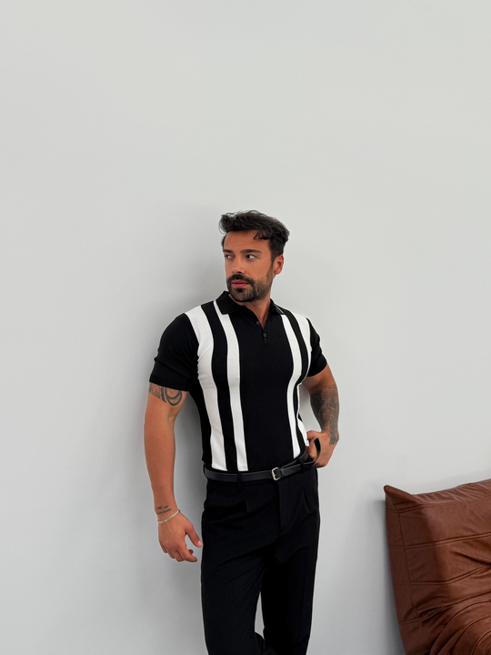 T-SHİRTSiyah Çift Şeritli Polo Yaka Triko Pamuk T-shirt TK