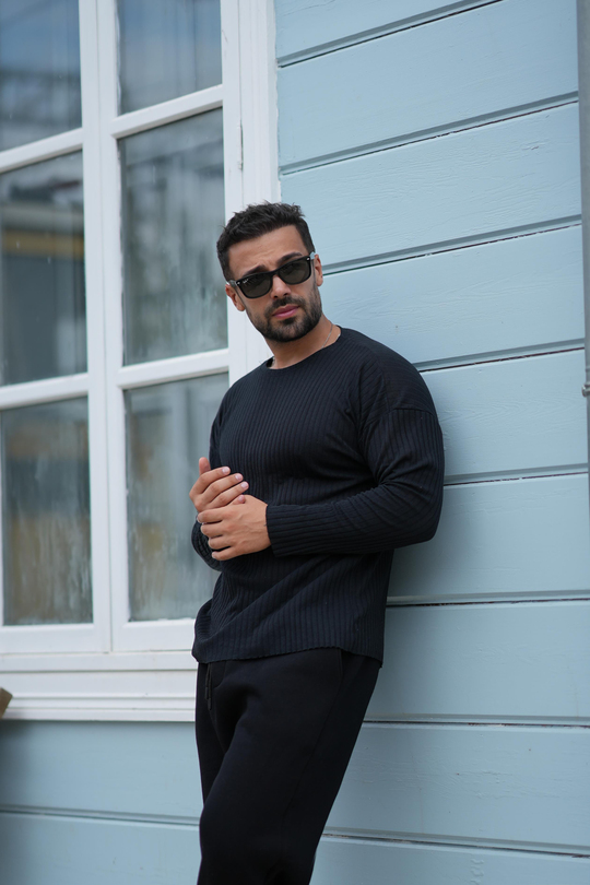 T-SHİRTSİYAH Fitilli oversize uzun kol SC