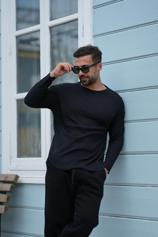 T-SHİRTSİYAH Fitilli oversize uzun kol SC