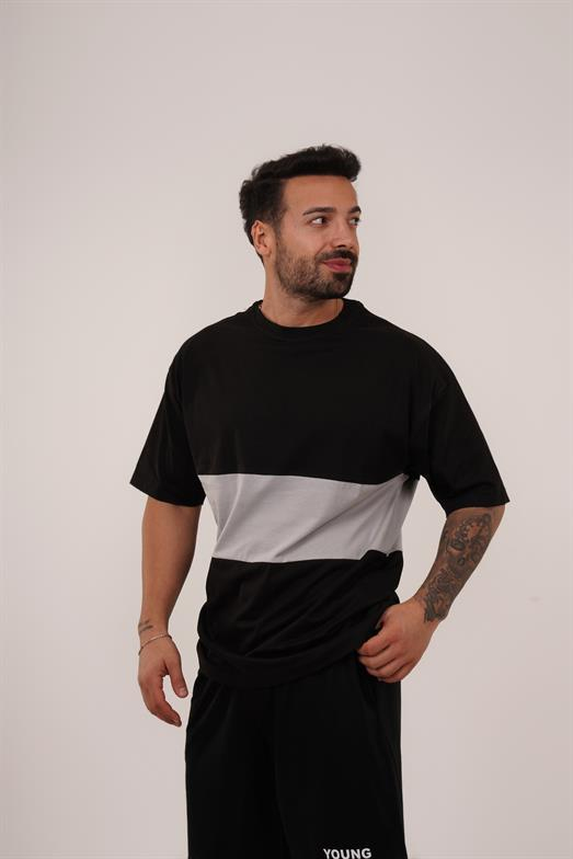 T-SHİRTSiyah Gri Parçalı Bisiklet Yaka Oversize TK 1000