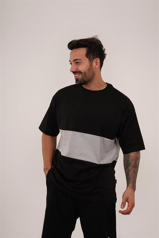 T-SHİRTSiyah Gri Parçalı Bisiklet Yaka Oversize TK 1000