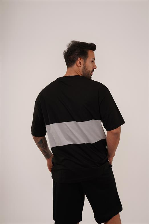 T-SHİRTSiyah Gri Parçalı Bisiklet Yaka Oversize TK 1000