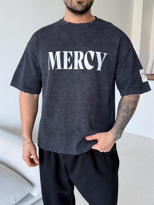 T-SHİRTSiyah Mercy Baskılı Yıkamalı Tişört 70140 VMS