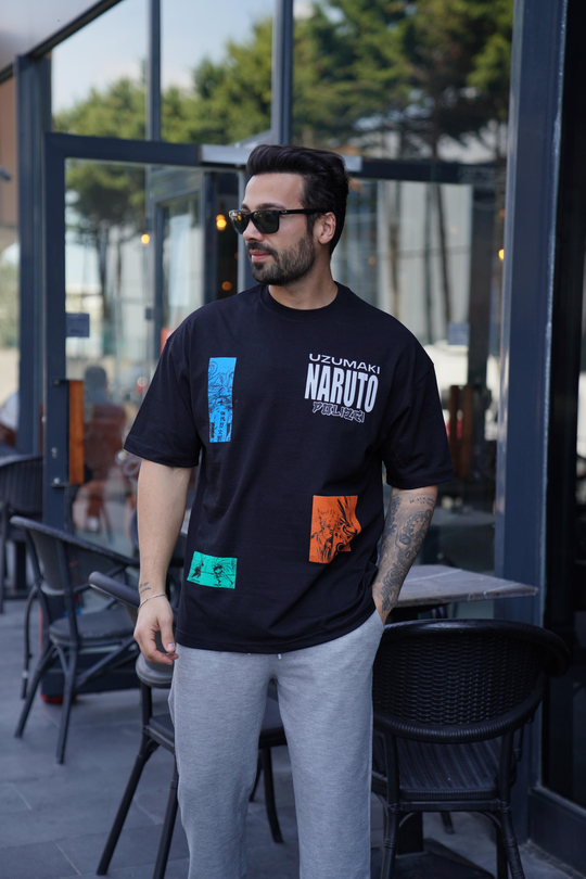 T-SHİRTSiyah NARUTO İskelet Baskılı Oversize T-Shirt VSK