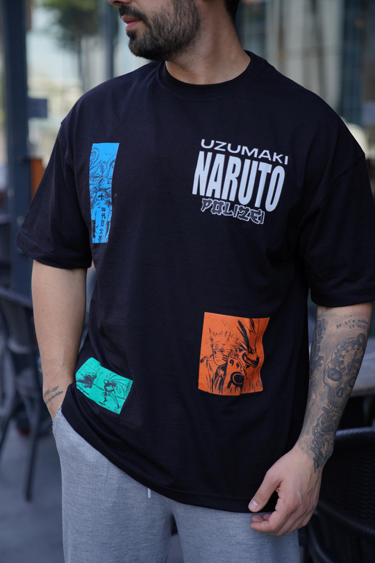 T-SHİRTSiyah NARUTO İskelet Baskılı Oversize T-Shirt VSK