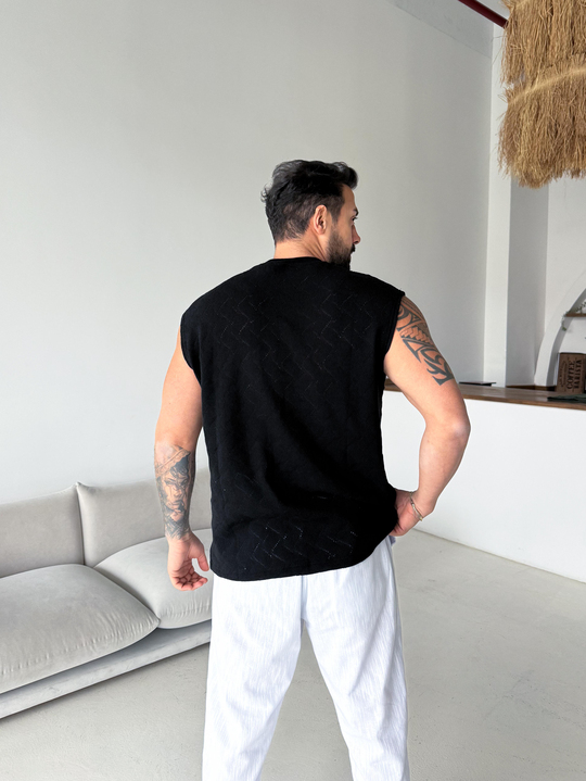 T-SHİRTSiyah Örgü Pamuk Sıfır Kol Atlet 42033 LNS