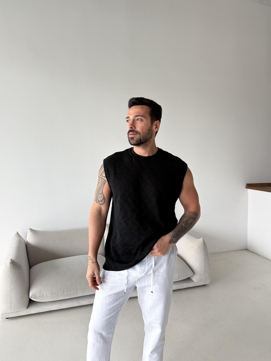 T-SHİRTSiyah Örgü Pamuk Sıfır Kol Atlet 42033 LNS