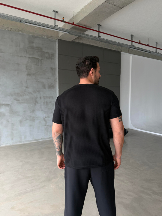 T-SHİRTSiyah Pamuk Örgü Düğmeli Fitilli Over Triko 71158 ESNT
