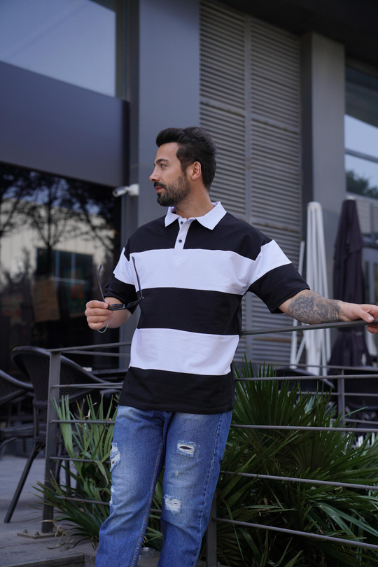 T-SHİRTSiyah Parçalı Oversize Polo Yaka TK 1003