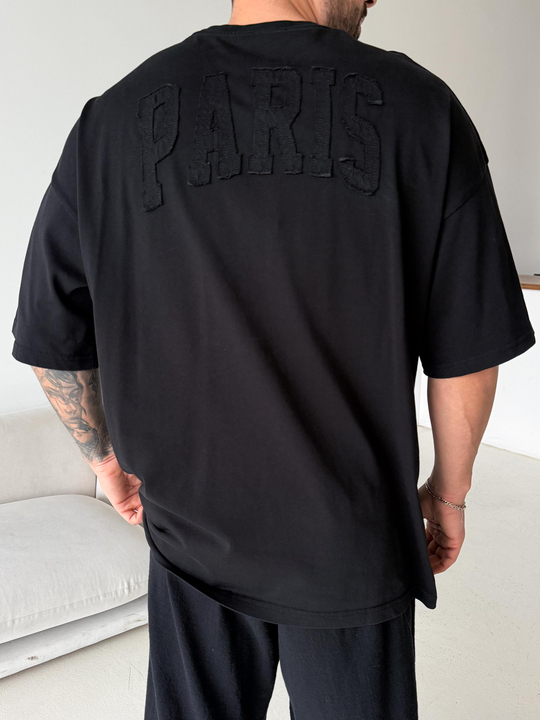 T-SHİRTSiyah Paris Nakışlı Oversize Tişört JJ