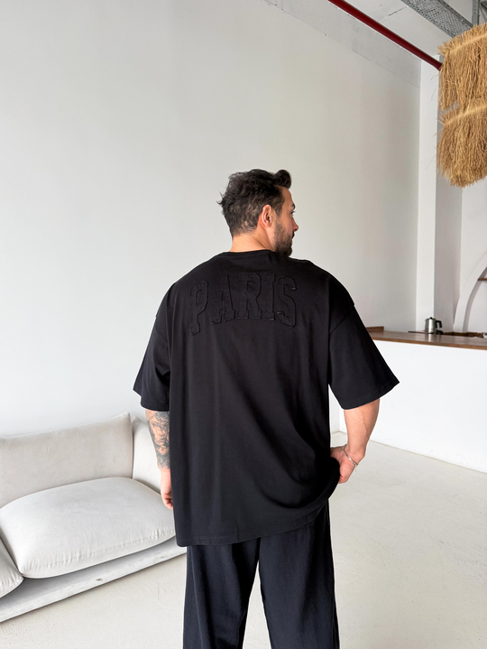 T-SHİRTSiyah Paris Nakışlı Oversize Tişört JJ
