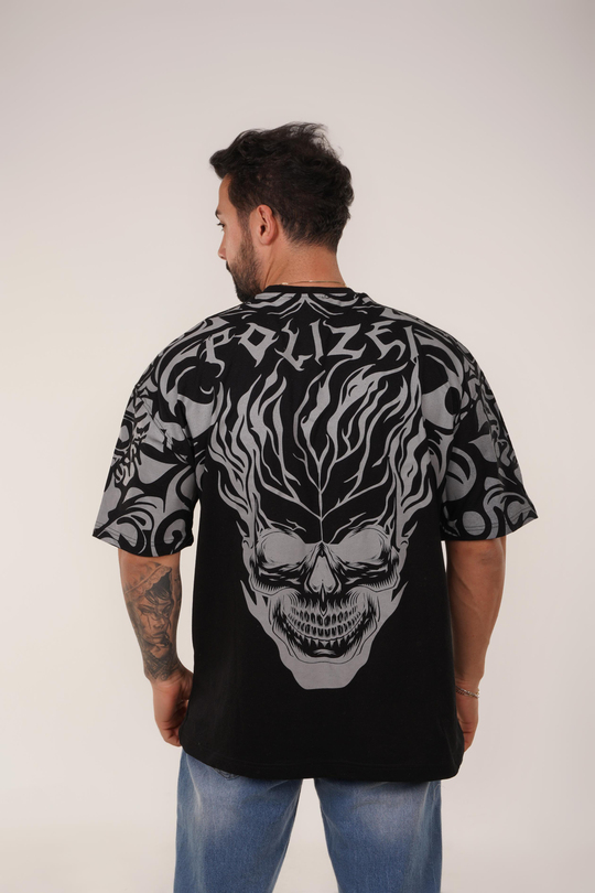 T-SHİRTSiyah POLZEİ İskelet Baskılı Oversize T-Shirt VSK