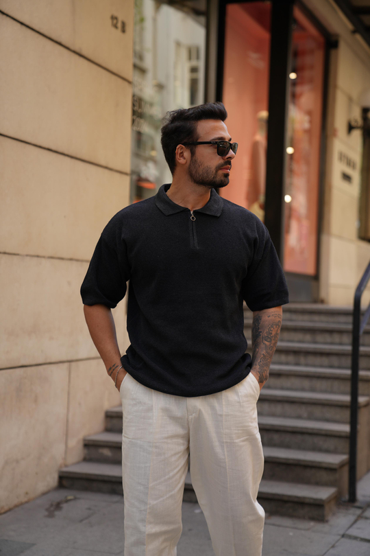 T-SHİRTSiyah Selanik Polo Yaka Fermuarlı TK 1021