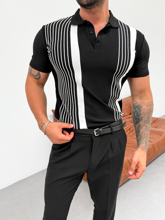T-SHİRTSiyah Şeritli Triko Polo Yaka Pamuk T-shirt TK