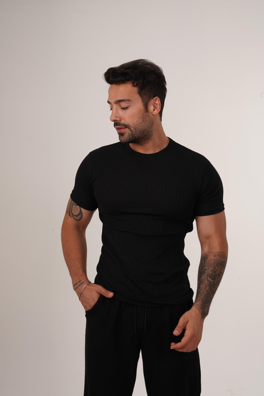 T-SHİRTSiyah Slim Fit Fitilli T-SHIRT SC