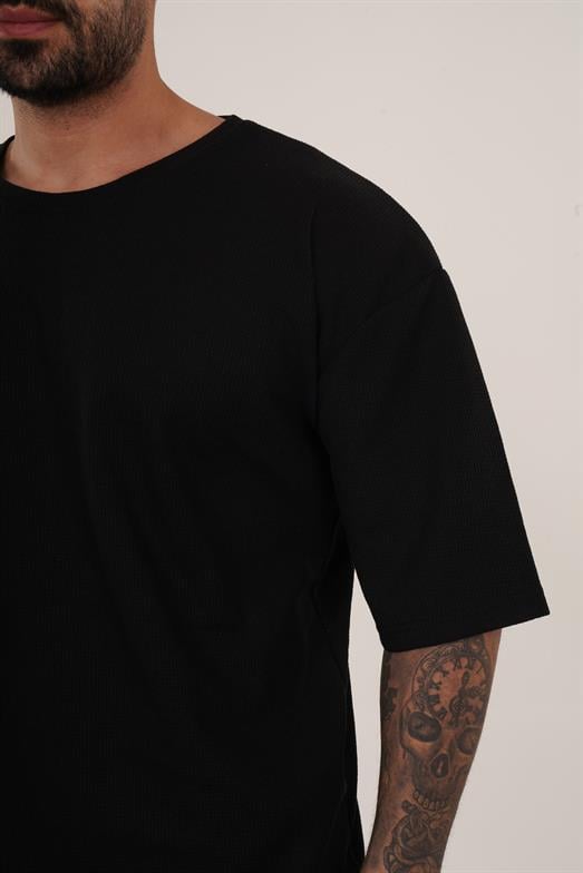 T-SHİRTSiyah Waffle Double Kalıp Oversize T-shırt SC