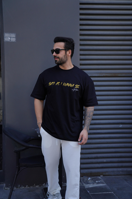 T-SHİRTSiyah WANNA Baskılı Oversize T-Shirt VSK