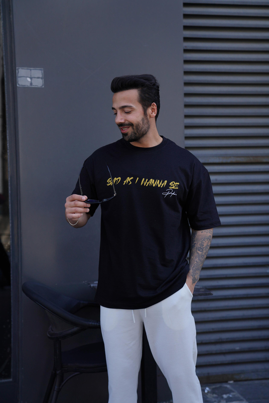 T-SHİRTSiyah WANNA Baskılı Oversize T-Shirt VSK