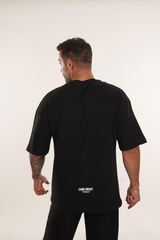 T-SHİRTSiyah Yüksek Kalite Care About Baskılı Oversize T-SHİRT VMS 40449