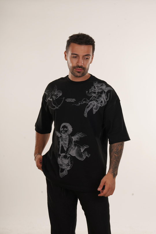 T-SHİRTSiyah Yüksek Kalite Eros Baskılı Oversize T-SHİRT VMS 40765