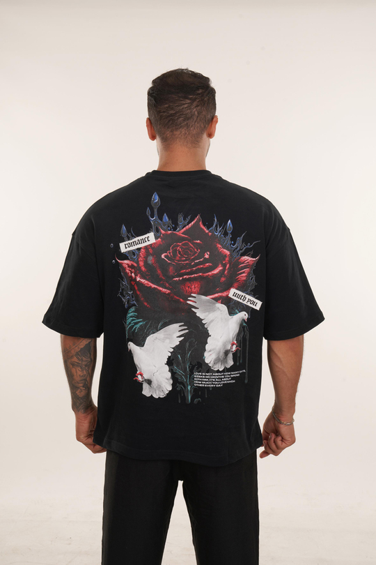 T-SHİRTSiyah Yüksek Kalite Romance İs You Baskılı Oversize T-SHİRT VMS 40729