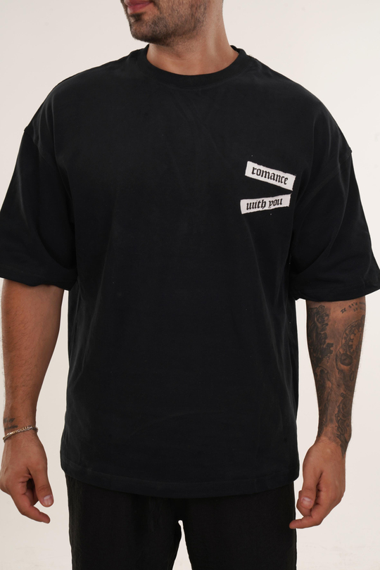 T-SHİRTSiyah Yüksek Kalite Romance İs You Baskılı Oversize T-SHİRT VMS 40729