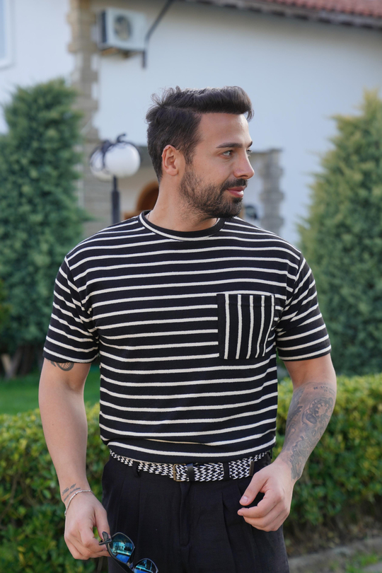 T-SHİRTSiyaha Bej Çizgili Triko SNZ 4507