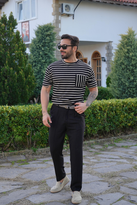 T-SHİRTSiyaha Bej Çizgili Triko SNZ 4507