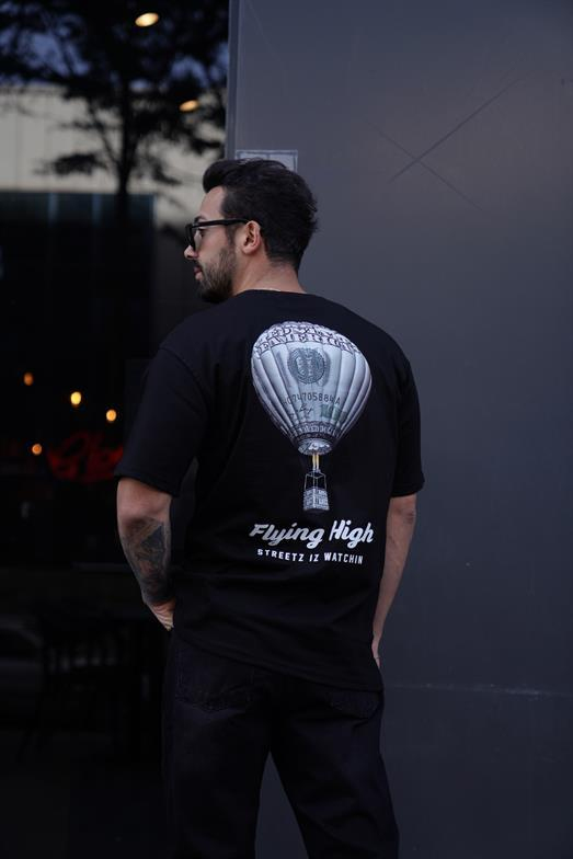 T-SHİRTStandart Siyah Flyırg Baskılı Oversize T-Shirt TK