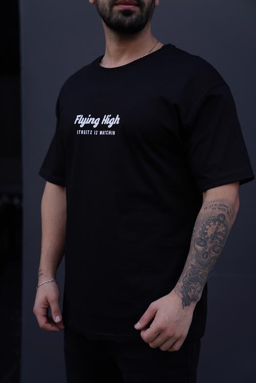 T-SHİRTStandart Siyah Flyırg Baskılı Oversize T-Shirt TK