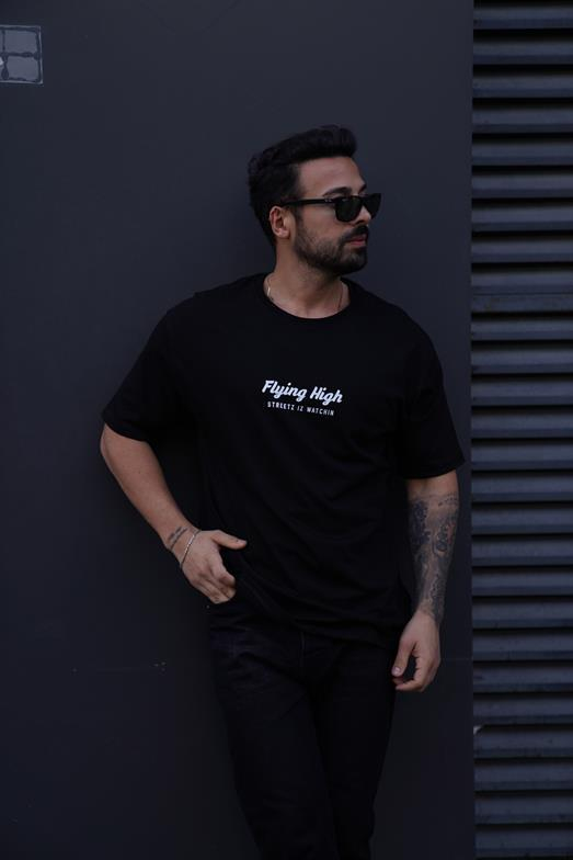 T-SHİRTStandart Siyah Flyırg Baskılı Oversize T-Shirt TK
