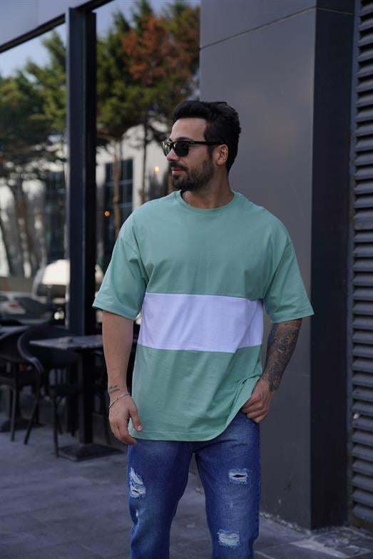 T-SHİRTsu yeşili beyaz Parçalı Bisiklet Yaka Oversize TK 1000