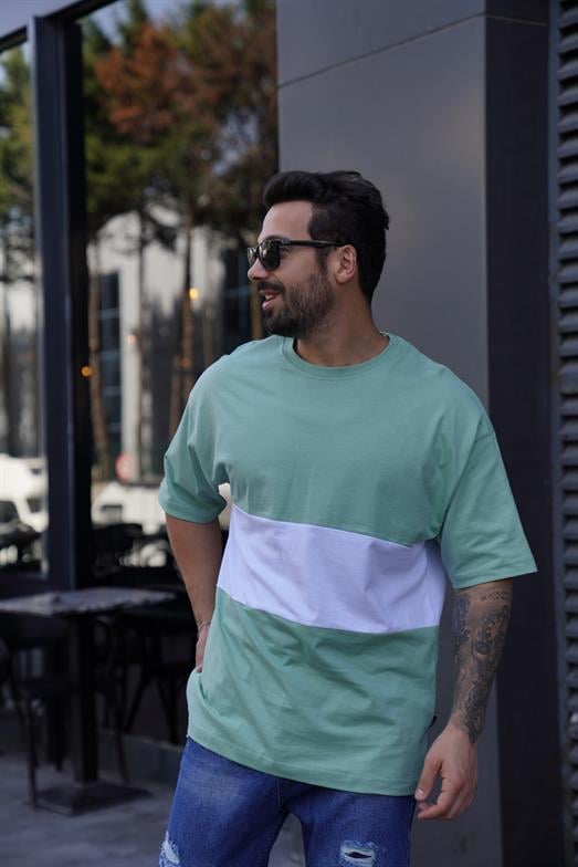 T-SHİRTsu yeşili beyaz Parçalı Bisiklet Yaka Oversize TK 1000