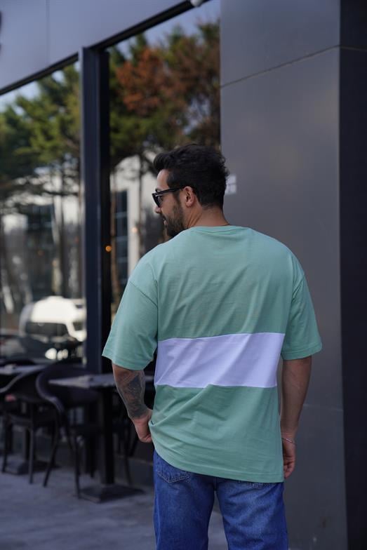 T-SHİRTsu yeşili beyaz Parçalı Bisiklet Yaka Oversize TK 1000