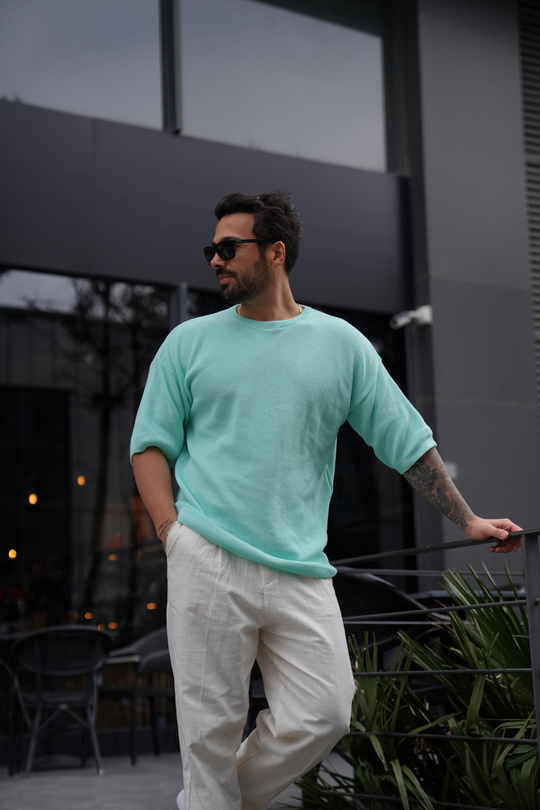 T-SHİRTSuyeşili Bisiklet Yaka Selanik Triko T-Shirt TK 1006