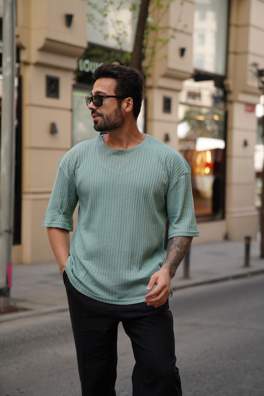 T-SHİRTSuyeşili Fitilli Oversize T-Shirt SC