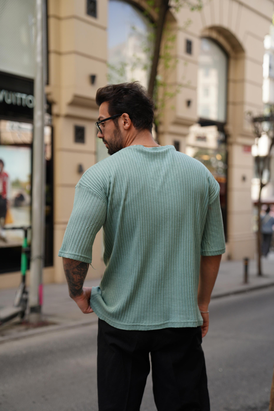 T-SHİRTSuyeşili Fitilli Oversize T-Shirt SC