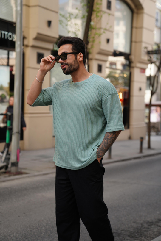 T-SHİRTSuyeşili Fitilli Oversize T-Shirt SC