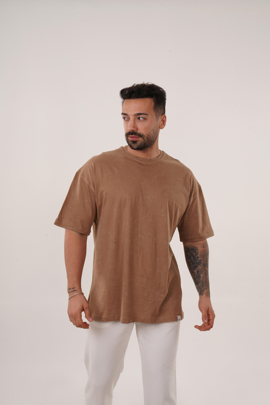 T-SHİRTTaba Yıkamalı Compak Pamuk Oversize T-Shirt PLZ