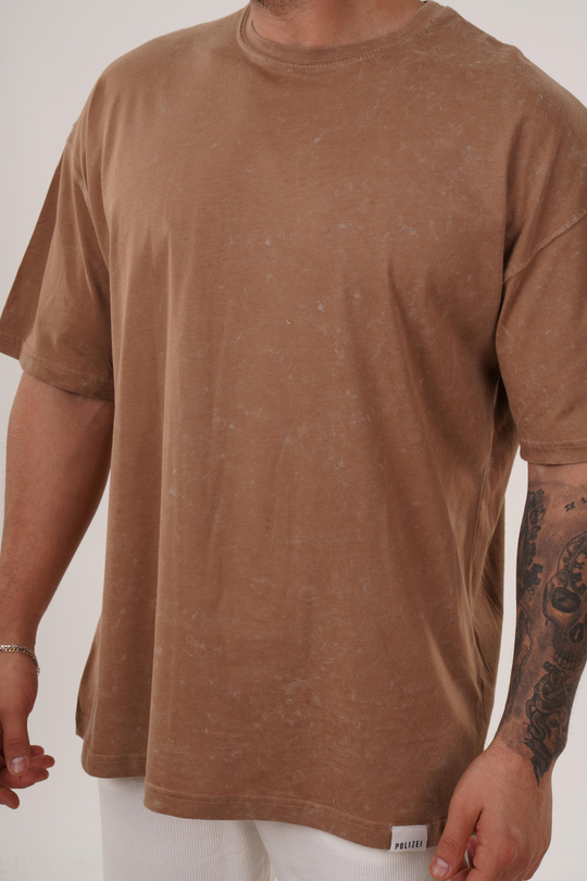 T-SHİRTTaba Yıkamalı Compak Pamuk Oversize T-Shirt PLZ